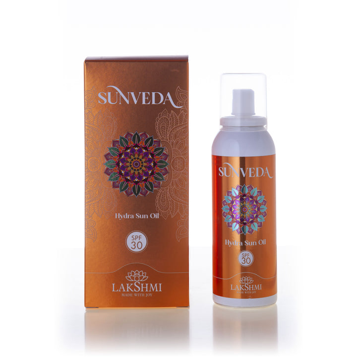Sunveda Hydra Sun Oil SPF 30 - Dry spray oil with sunflower flowers for face, body, and hair.